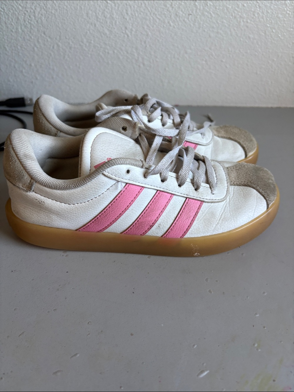 adidas Kids White Sneakers with Pink Stripes and Gum Sole Accent